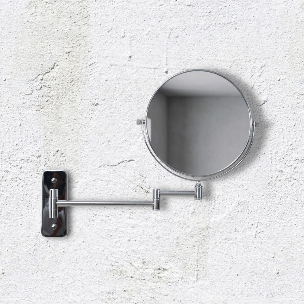 Close up product image of the Origins Living Mason Chrome Reversible 5X Magnifying Wall Mirror with its arm fully extended